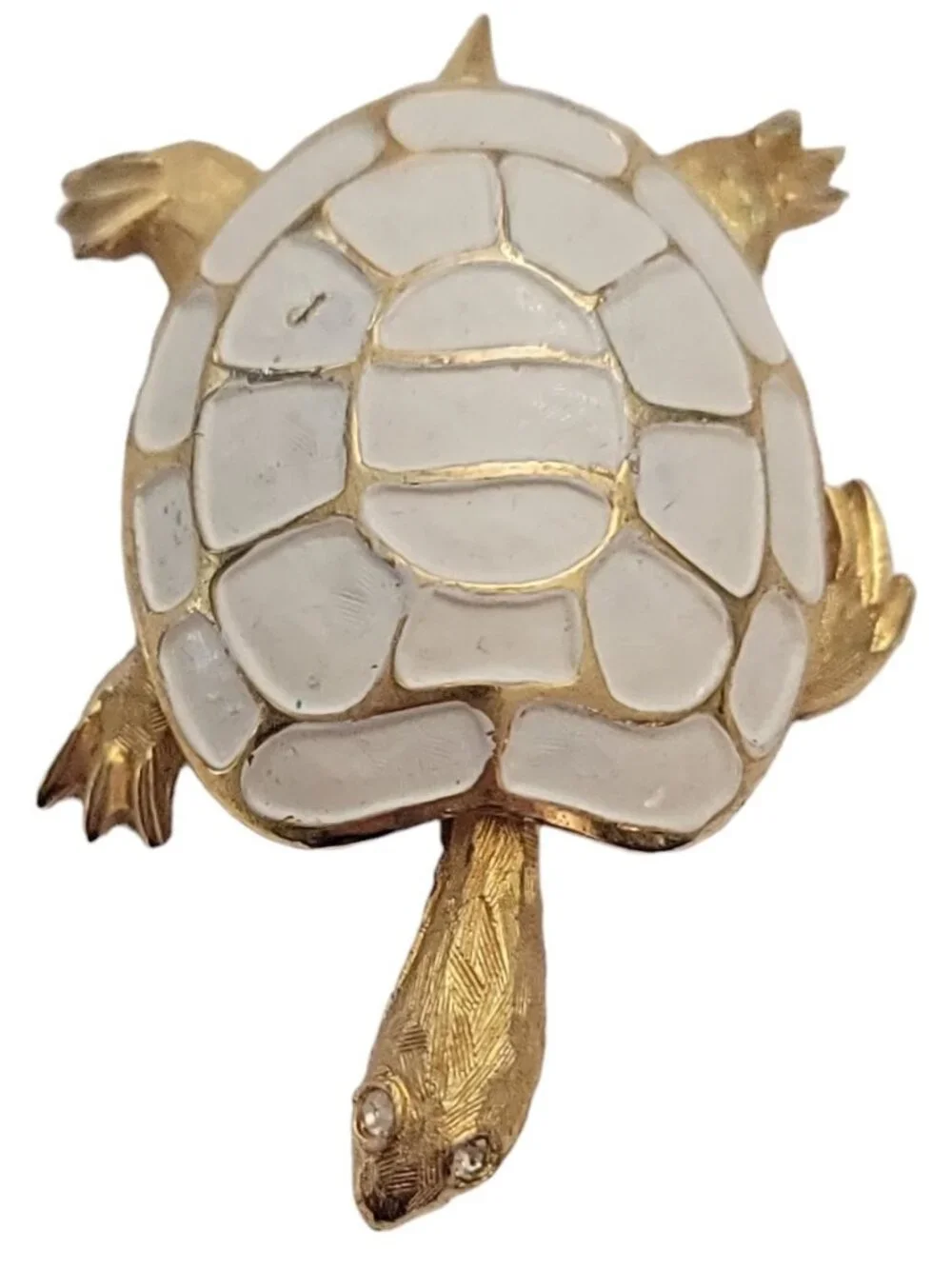 Vintage Gold Tone White Enamel Clear Rhinestone Turtle Brooch Pin E896